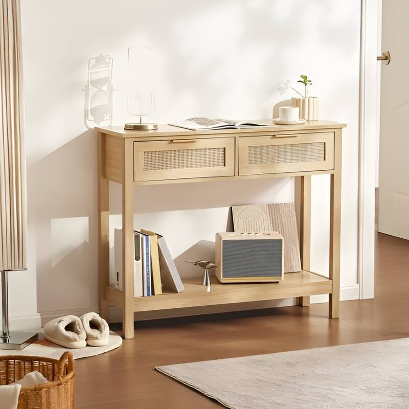 Natural Rattan Entryway Table with 2 Drawers, Storage Console - 39.37 × 11.81 × 29.33 in