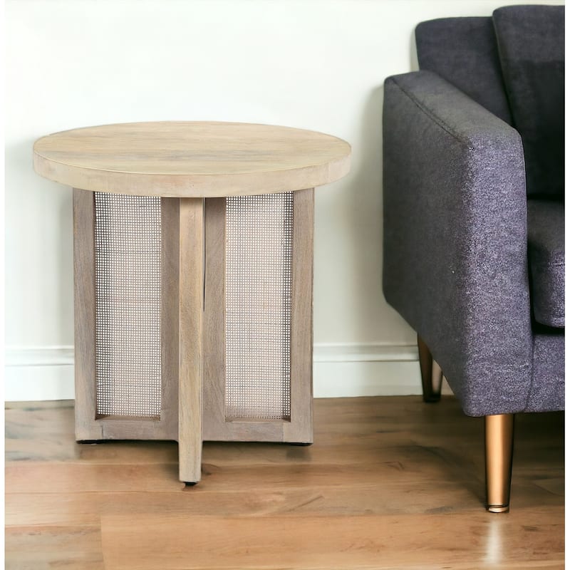 HomeRoots 22" Natural Solid Wood And Rattan Round End Table - 22 - Wood - 22