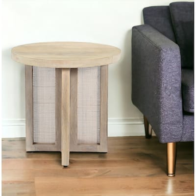 HomeRoots 22" Natural Solid Wood And Rattan Round End Table - 22
