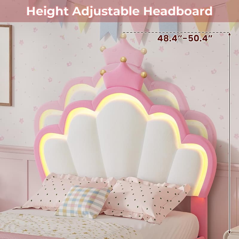 Bed Frame LED Lights Girls Bed Princess Crown Velvet Upholstered Platform Bed