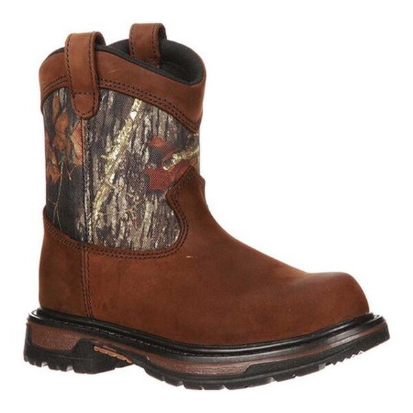 Rocky Boys' 8" Ride Wellington 3633 Dark Brown Leather/Mossy Oak Break Up Nylon