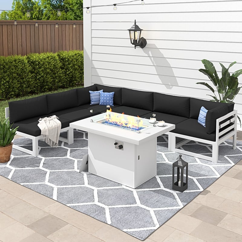 FINCATI 7 Piece Aluminum Outdoor Furniture Set with Propane/Natural Gas Fire Pit Table, 29" Wide Outdoor Sectional Sofa for 6
