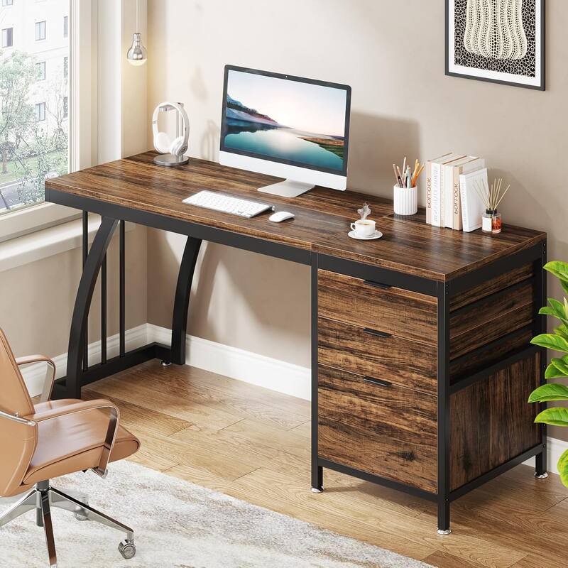 Computer Desk with 3 Drawers, 59" PC Desk Study Writing Table Workstation, Reversible File Storage for Home Office - Brown