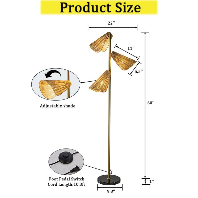 CraftHome Farmhouse Handwoven Rattan Floor Lamp Coastal With Antique Brass Finish Black Marble Base For Bedroom Living Room