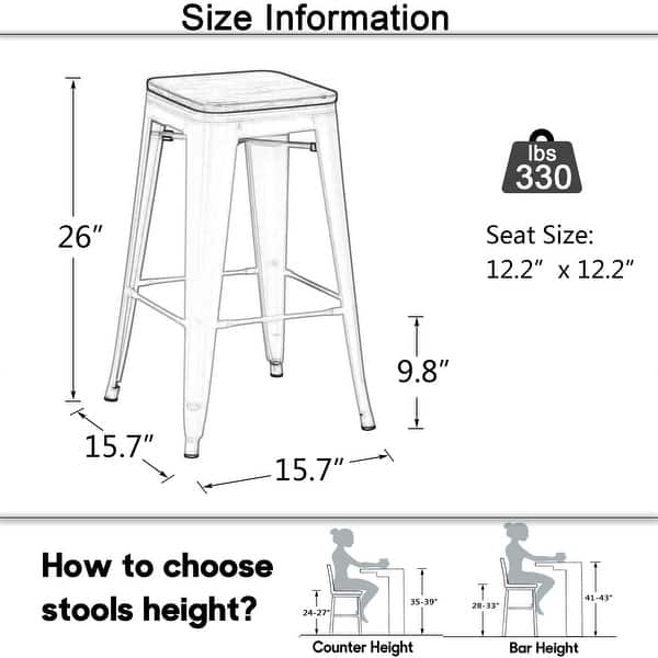 dimension image slide 3 of 7, Bar Stools Set of 4 Stackable Metal Bar Stools Industrial Counter Height Stools Backless Barstools with Wooden Seats