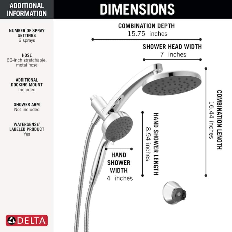 Delta 75648 PivotPro 1.75 GPM 3-in-1 Shower Head and 6 Setting Hand - Chrome