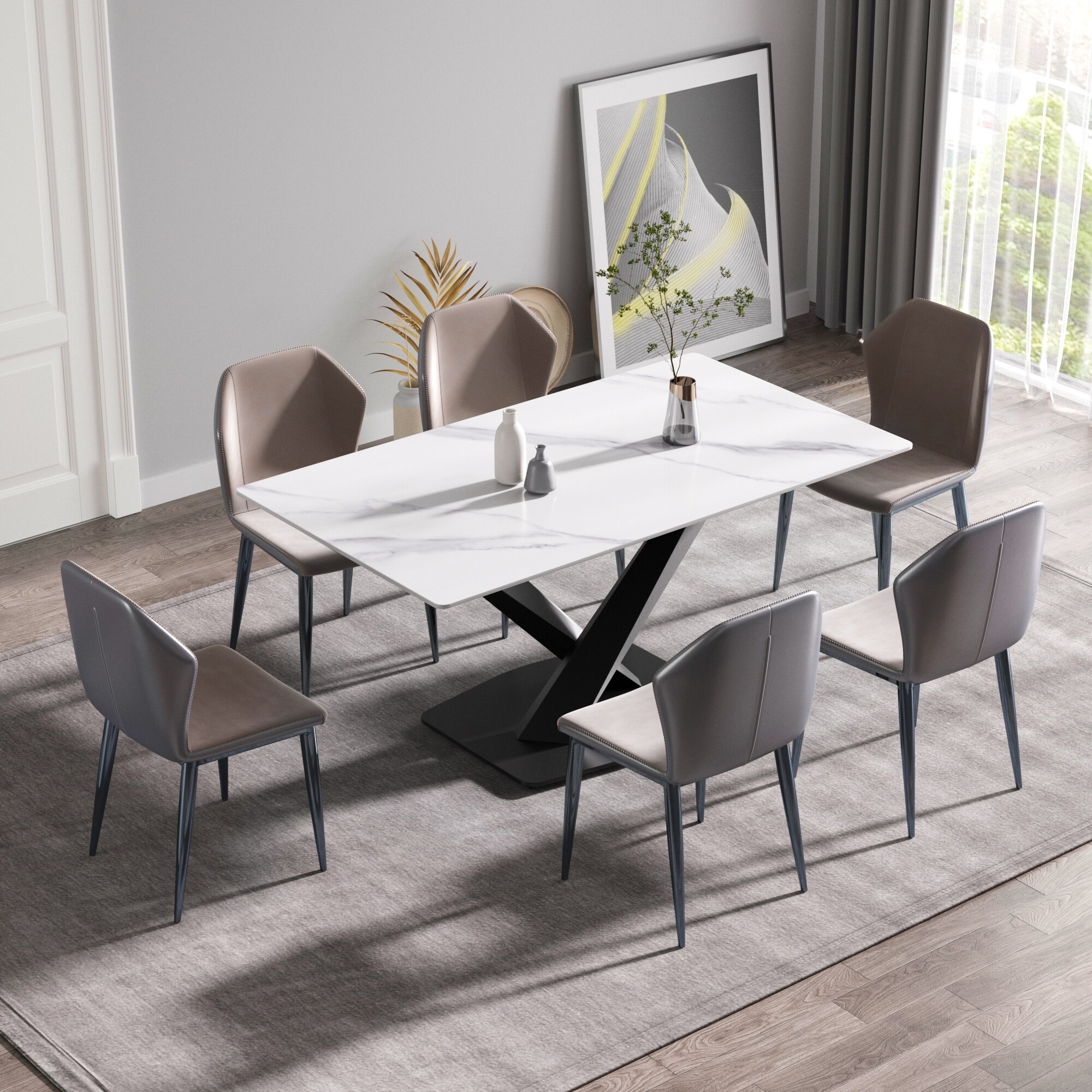 63" Alfred Modern Minimalist Style Rectangular White Sintered Stone Dining Table, X-shaped Carbon Steel Legs
