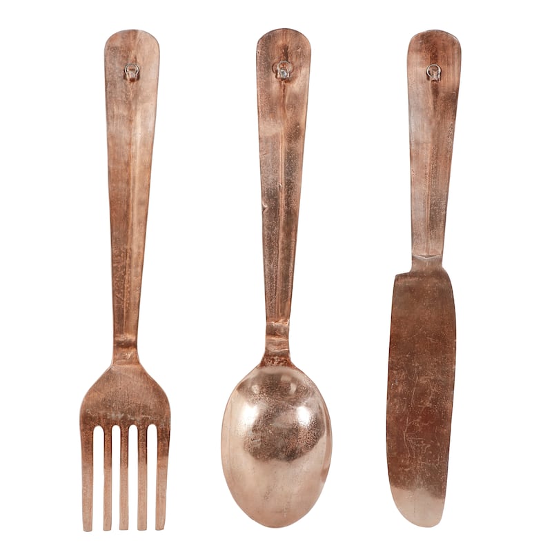 Aluminum Metal Large Knife, Spoon, and Fork Utensils Wall Decor (Set of 3) - Silver or Copper