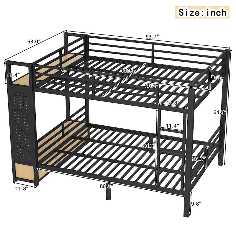 Queen Over Queen Bunk Bed with Wardrobe, Shelf, 2 Drawers and Pegboard