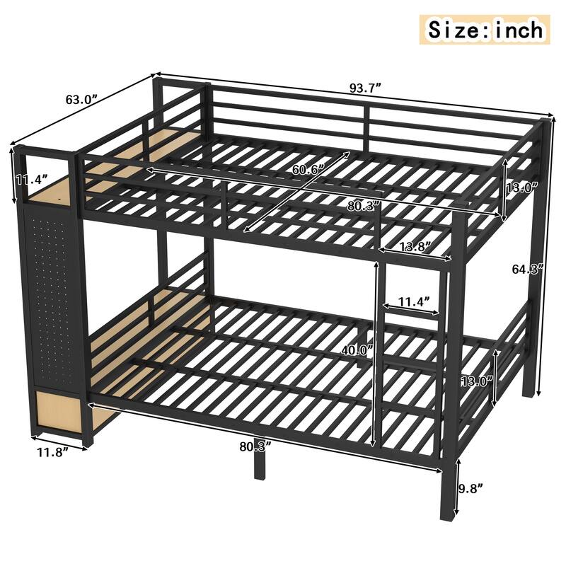 Queen over Queen size Metal Bunk Bed for Teens with Storage Shelves, Drawers and Pegboard