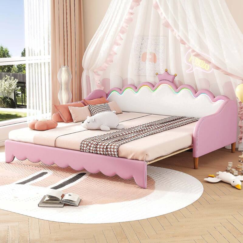 Modern Upholstered Princess Twin Extending Daybed with LED Lights