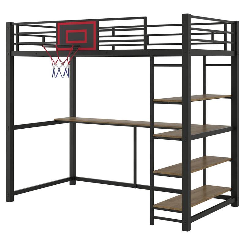 Twin Loft Bed with Study Desk, Storage Shelves, and Indoor Basketball Hoop, Black Metal Frame with Guardrails and Ladder