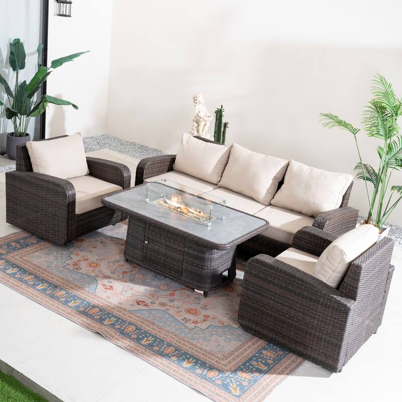 4/5-Piece PE Wicker Outdoor Sofa Set with 50,000 BTU Propane Fire Pit Table