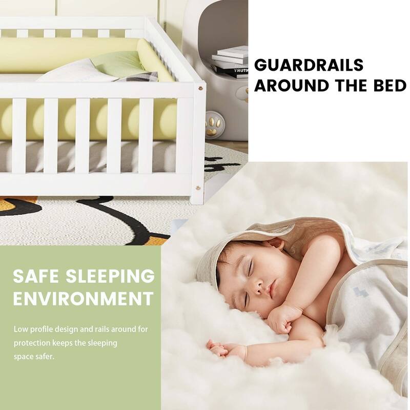 Queen Size Bed Floor Bed with Safety Guardrails and Door for Kids