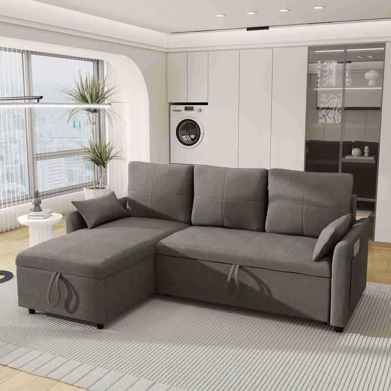 L-Shaped Reversible Sectional Sleeper Sofa with Storage Chaise & Pull-Out Bed