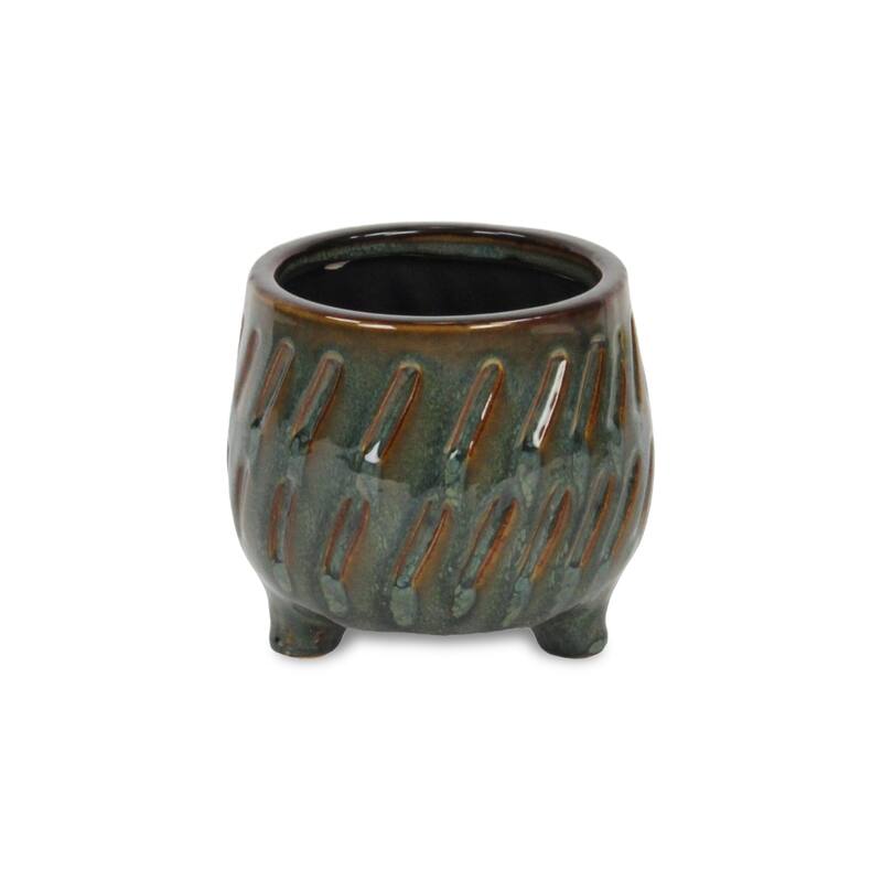 Astrona Raised Round Dual Band Diagonal Patterned Ceramic Pot - Dark Copper