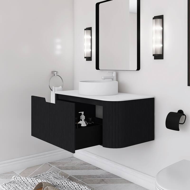 Plywood Wall-Mounted Bathroom Vanity Set with Integrated Ceramic Sink in Natural Wood