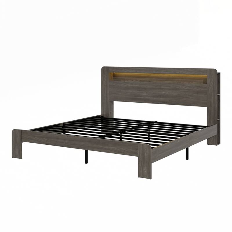 Wood Platform Bed Frame with Storage LED Light Headboard and 2 USB
