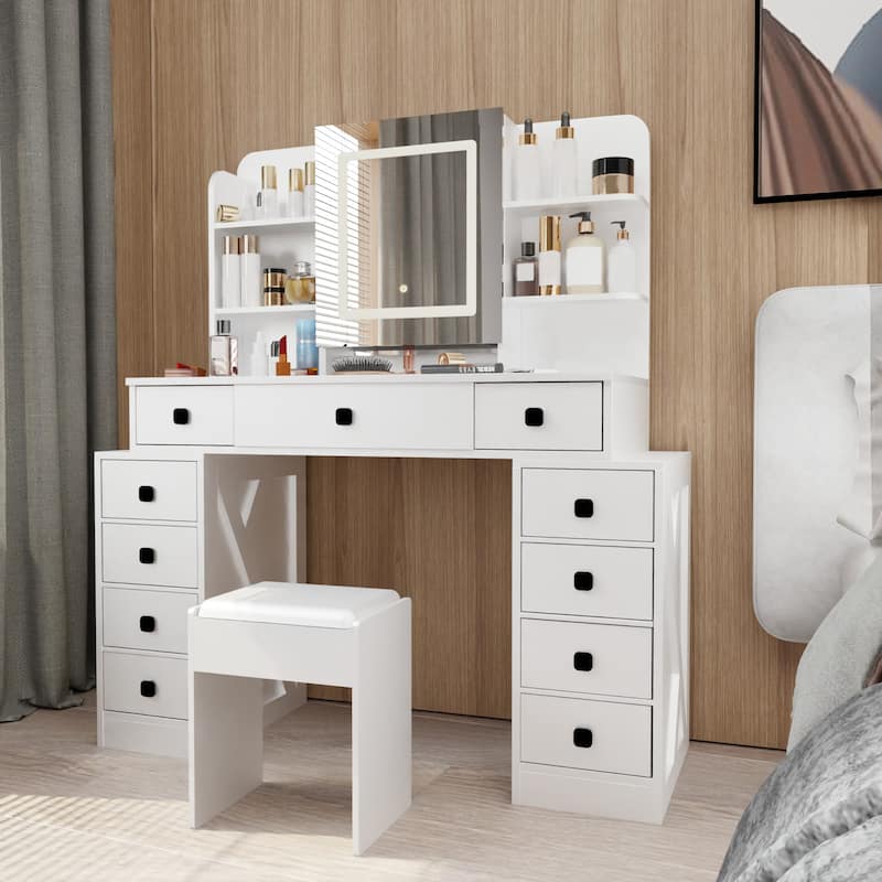 White Makeup Vanity Desk with Stool and Charging Station, 11 Drawers Dressing Table with Sliding LED Mirror