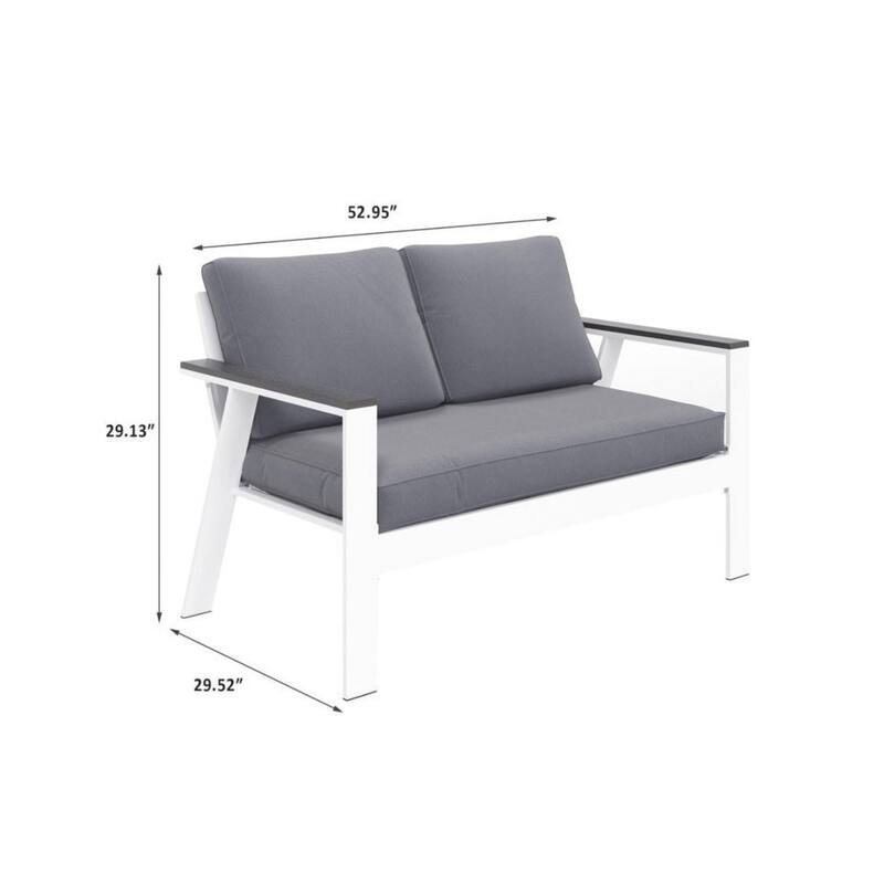 52" Aluminum Patio Loveseat with Wood Armrests & Angled Backrest - White & Light Grey