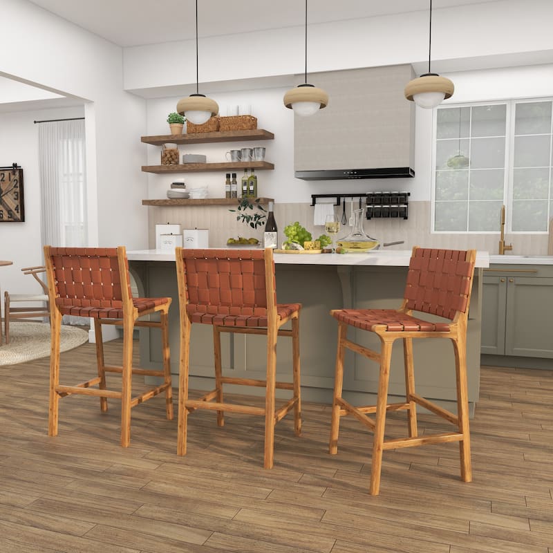 Camel Brown or Black Teak Wood Woven Leather Seat and Back Bar Stool with Beam Footrest