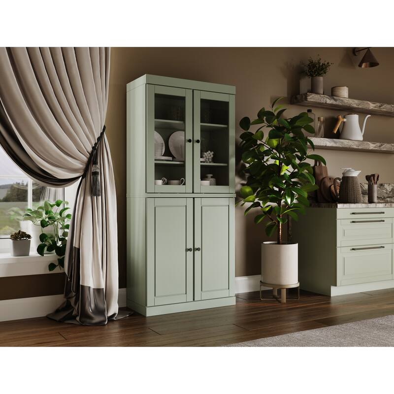 Palace Imports Solid Wood Pantry Cabinet, Raised Panel & Clear Glass Doors, 2 Drawers, Adjustable Shelves