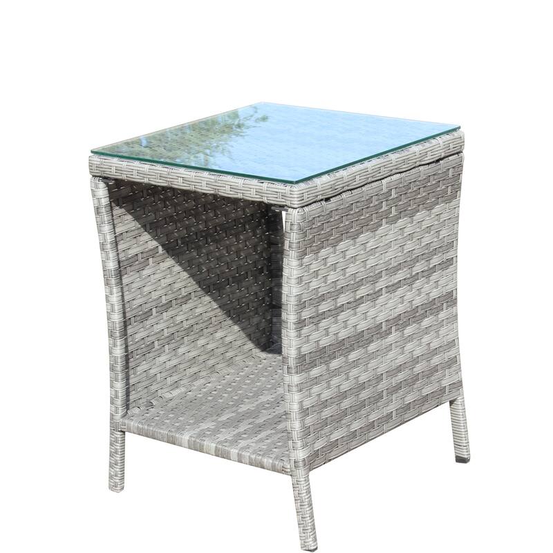 Anmytek Gray Rattan Side Table with Tempered Glass Top Indoor Outdoor Wicker Patio Table Double Tier Storage - 19.25*19.25