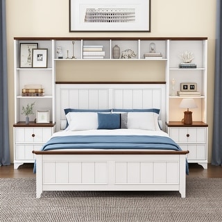 All-in-One Full Size Wood Bed Frame with Nightstand, Bookshelf, and ...