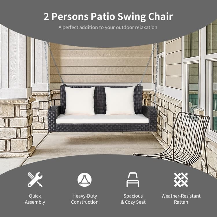 2-Person Wicker Hanging Porch Swing with 2 Back Cushions and 1 Seat Cushion - 50" x 22" x 20.5" (L x W x H)