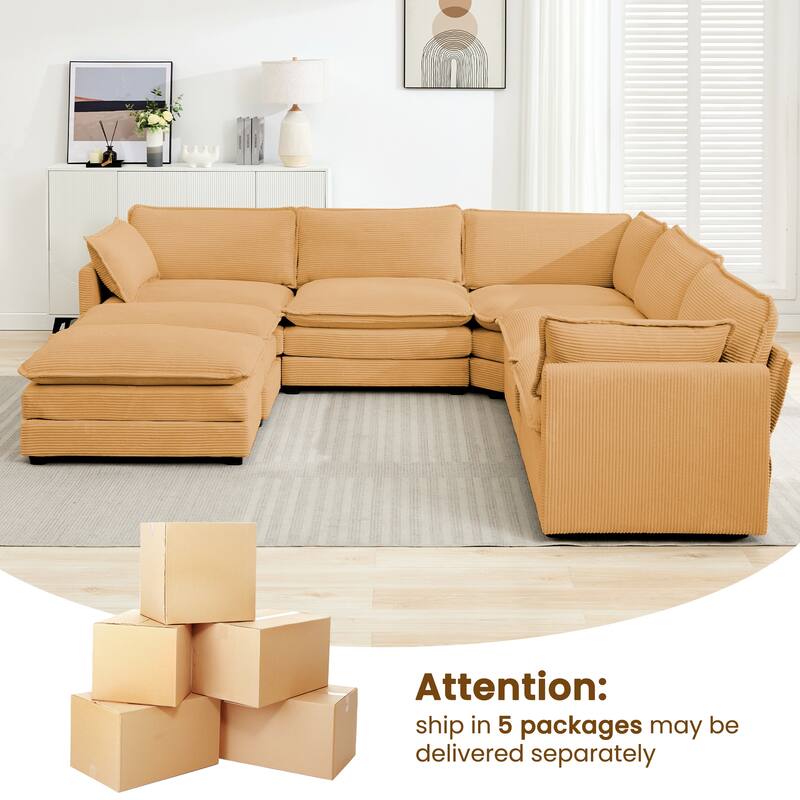 7-Seater Corduroy Sectional Sofa with 2 Removable Ottomans & Corner Seat, Soft & Comfortable - 5 Seats with 2 Ottoman