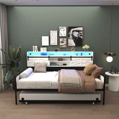 Twin Daybed with Trundle, Farmhouse Daybed Frame with Sliding Barn Door Headboard and Charging Station & LED Light