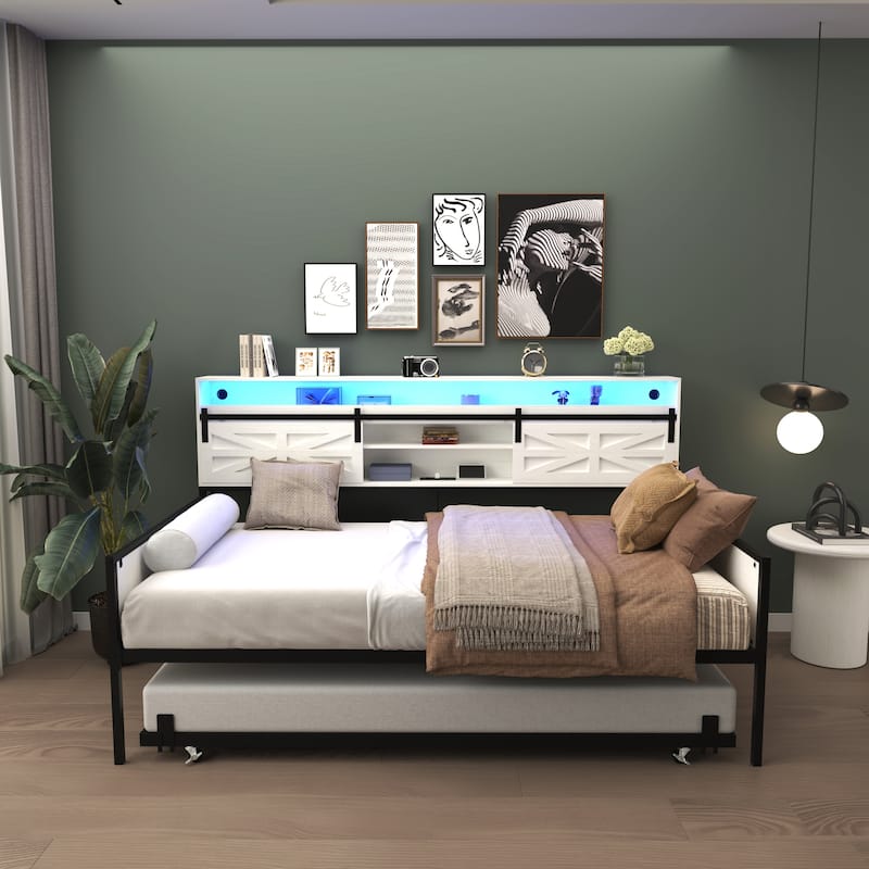 Twin Daybed with Trundle Bed, Wooden Farmhouse Sofa Bed Frame with Sliding Barn Door Headboard, Charging Station and LED Light