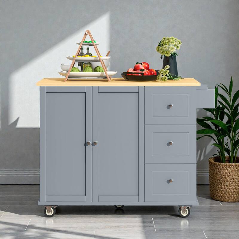 52.7" Rolling Kitchen Island with Solid Wood Top, Drop Leaf Breakfast Bar, Storage Cabinet, Wheels - Grey Blue