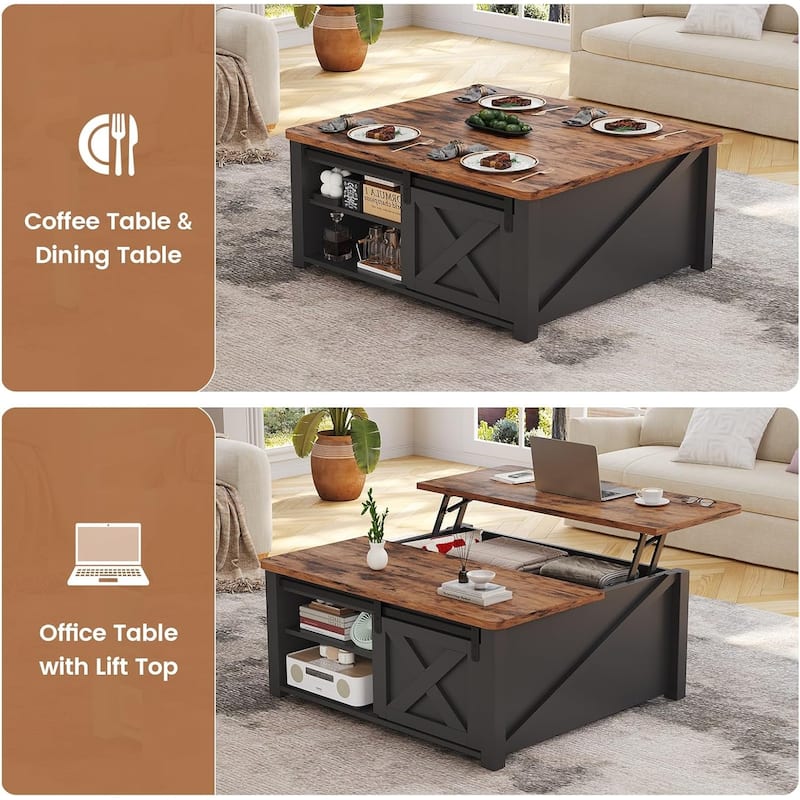 Coffee Table Lift Top Square Center Table Barn Door Adjustable Shelves