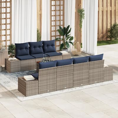 vidaXL 8 Garden Sofa Set with Cushions Black/Grey Poly Rattan - 115.7 x 24.4 x 27.2