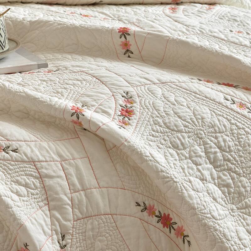 3Pcs Cotton French Country Quilt Bedspread Set Floral Embroidery