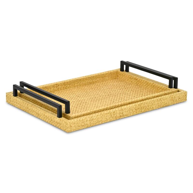 Ferelith Set of 2 Rectangular Decorative Serving Trays - Light Brown Wicker Rattan Pattern for Display, and Organization