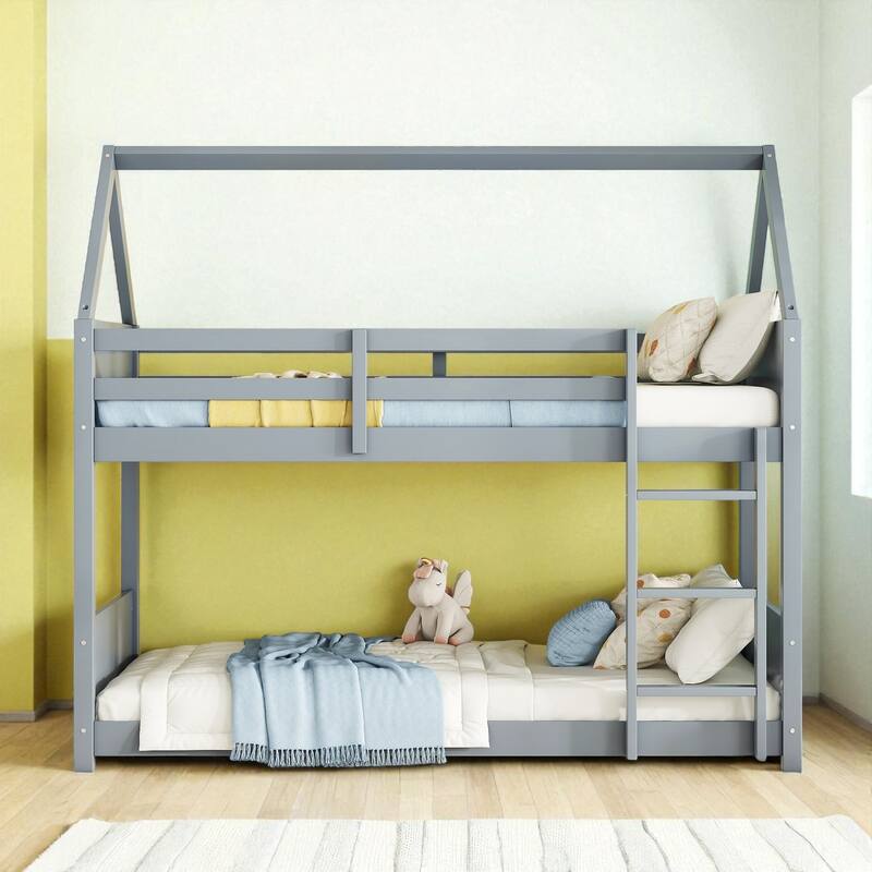 Twin over Twin House Bunk Bed with Roof Frame, Guardrails, Ladder and Headboards, Rubber Wood Kids Floor Bed - Grey - Twin