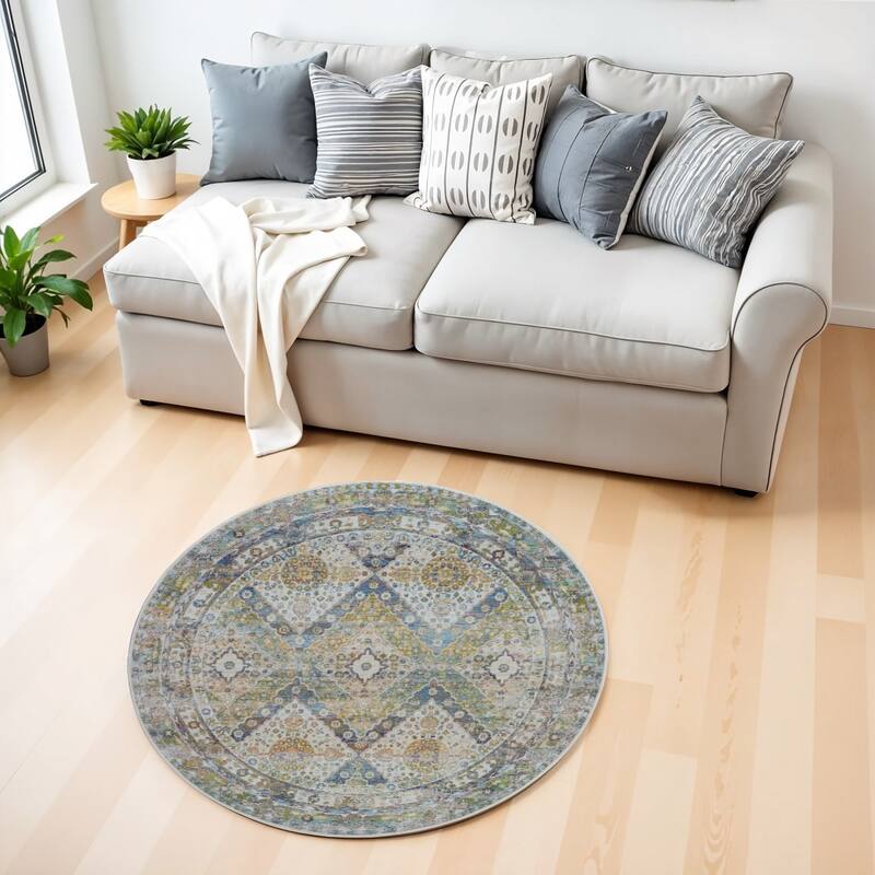Power Loomed Distressed Geometric Floral Non Skid Area Rug - 48' X '48' X '0.5 - 48' X '48' X '0.5 - Oxford Blue - Round