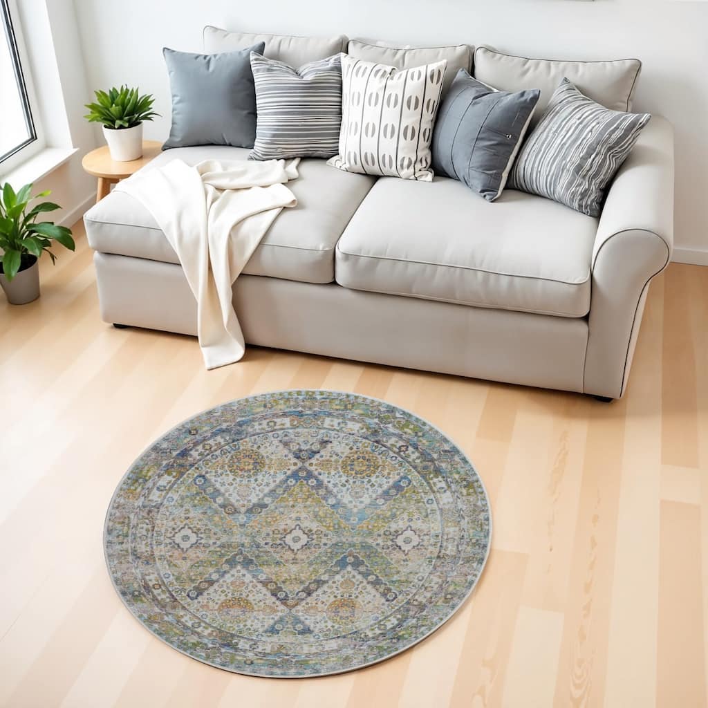 Power Loomed Distressed Geometric Floral Non Skid Area Rug - 48' X '48' X '0.5