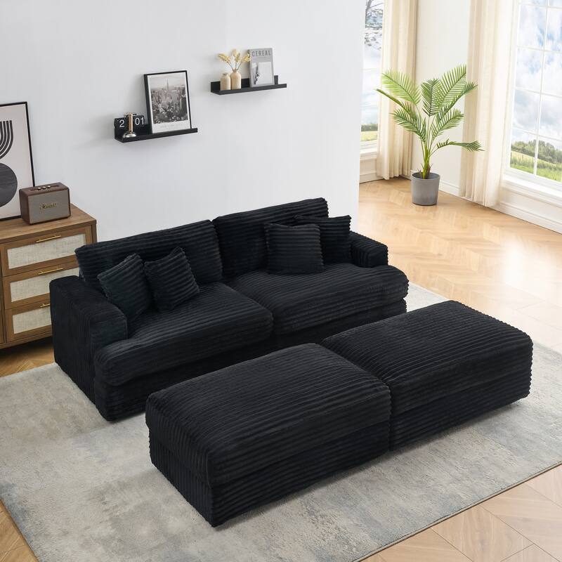 82-inch Black Corduroy Sofa with 4 Pillows and 2 Storage Ottomans