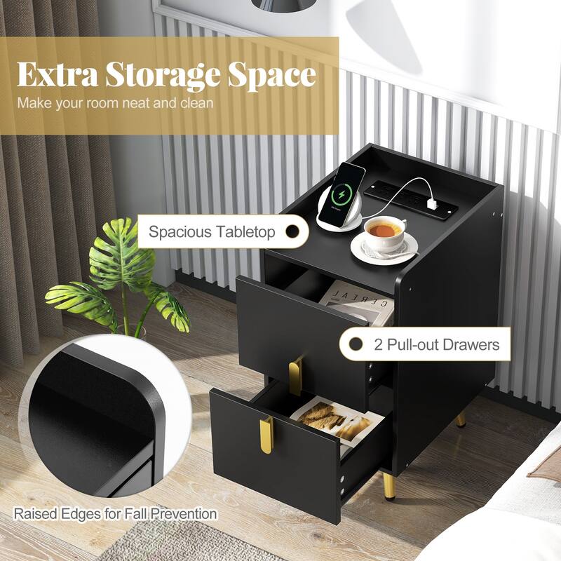 Bedside Table with Storage Drawers and USB Charging Station
