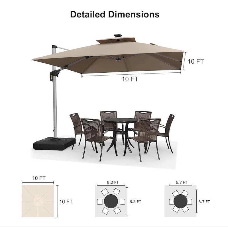 PURPLE LEAF 10 ft Double Top LED Square Patio Cantilever Umbrella with Base