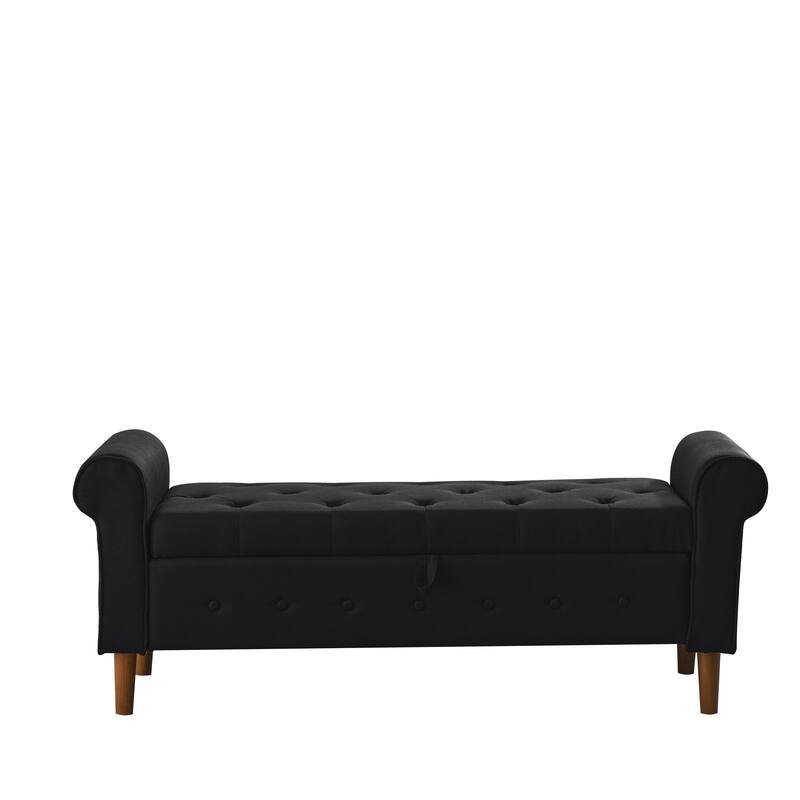 Modern Fabric Upholstered Storage Bench with Tufted Button and Rolled Arm