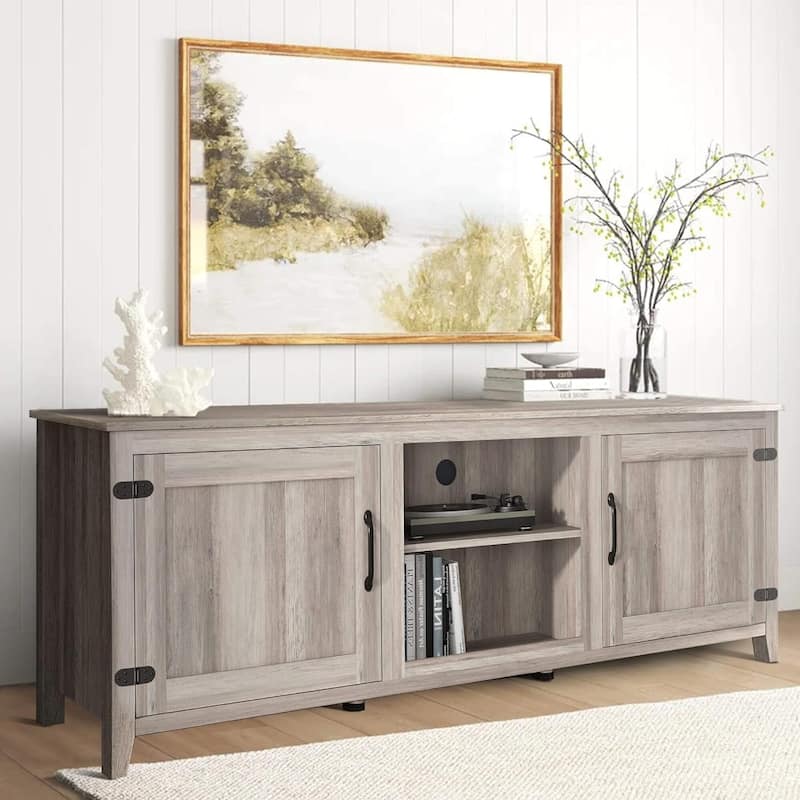 Wood Storage Cabinet Media Console for TVs up to 80" - Grey