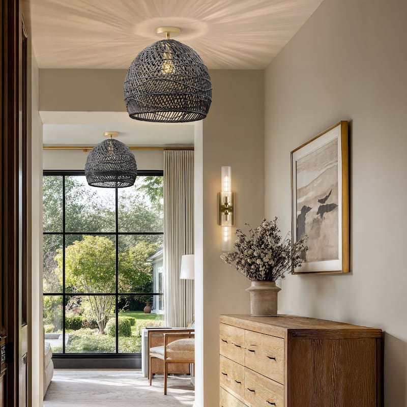 Lunar Rattan Flush Mount Rattan Black 1-Light Handwoven Ceiling Light for Bedroom or Hallway in Modern, Mid-Century, Boho Style