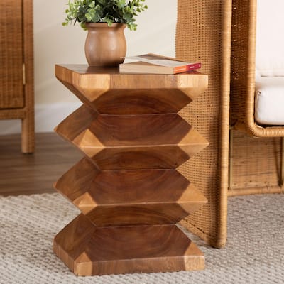 Malati Solid Suar Wood Side Table - Hand-Carved Sculptural End Table with Zigzag Design, Modern Boho Style
