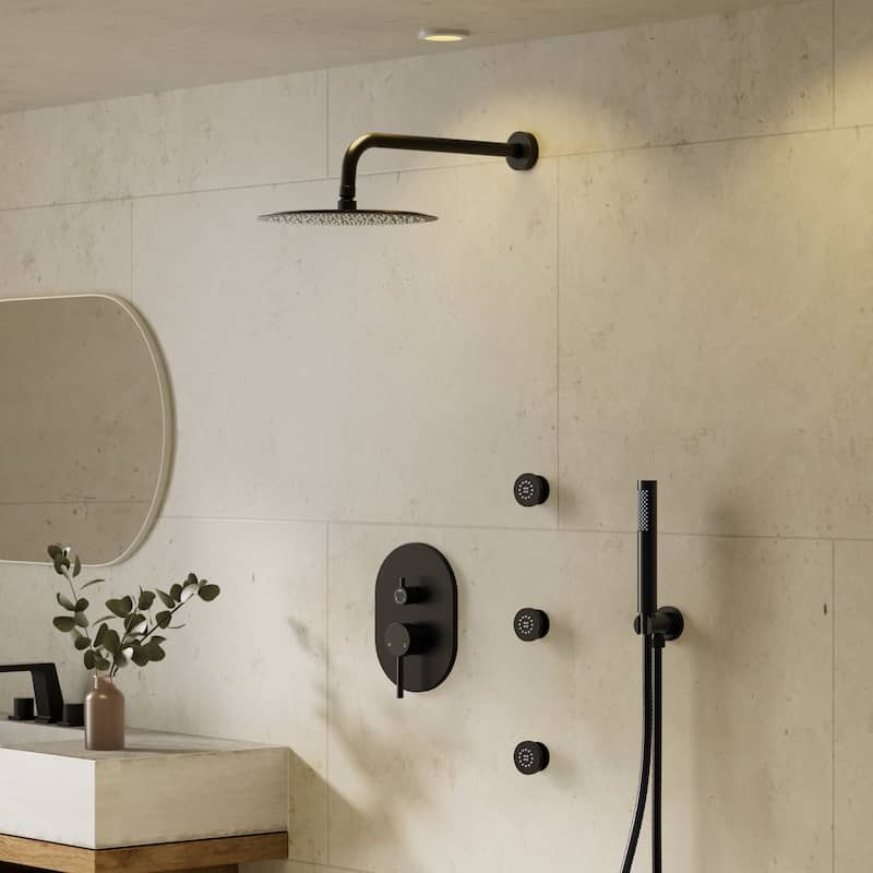 GRANDJOY 12" Showerhead Rainfall Shower System with 3 Body Jets and Handheld Spray - Matte Black