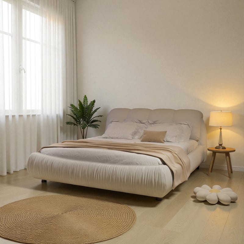 Queen/King Size Luxury Upholstered Platform Bed with Oversized Padded Headboard, Solid Wood Frame & Adjustable Mattress Height - Beige - King