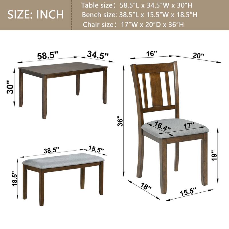 6 Piece Kitchen Dining Table Chairs Set Wooden Rectangular Casual Dining Table with 4 Upholstered Dining Chairs and Bench